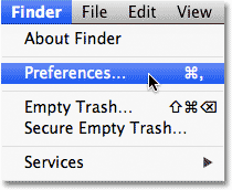 Selecting Preferences from the Finder menu in Mac OS X. Image © 2013 Photoshop Essentials.com