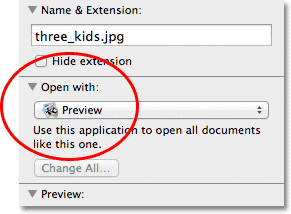 The 'Open With' section in the Info dialog box. Image © 2013 Photoshop Essentials.com