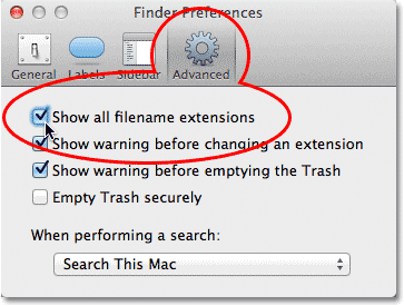 The Show filename extensions option in the Advanced Finder Preferences. Image © 2013 Photoshop Essentials.com