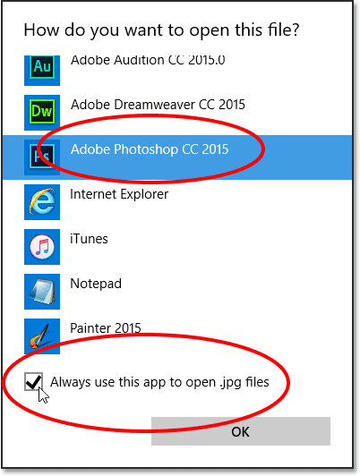 Choosing Photoshop as my default image editor in Windows. Image © 2013 Photoshop Essentials.com