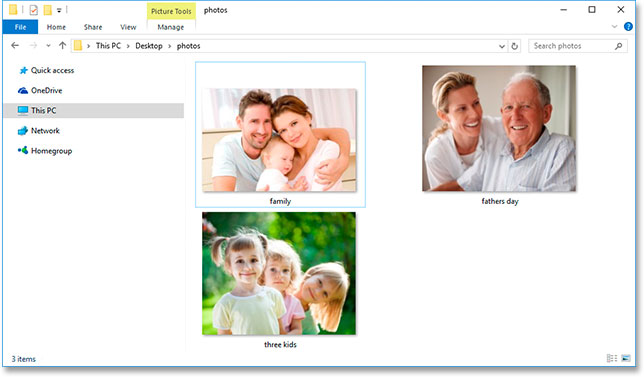 A folder in Windows 10 containing three JPEG files. Image © 2015 Photoshop Essentials.com