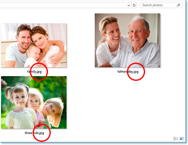 The file extension now appears after the name of each photo. Image © 2013 Photoshop Essentials.com