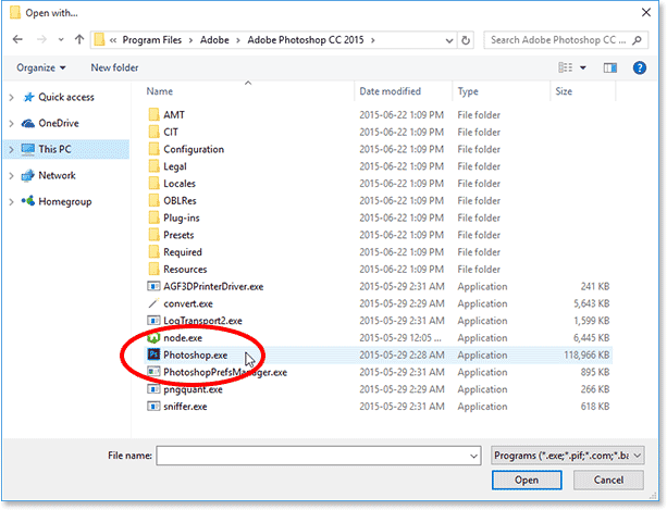 Browsing to Photoshop on my hard drive. Image © 2015 Photoshop Essentials.com