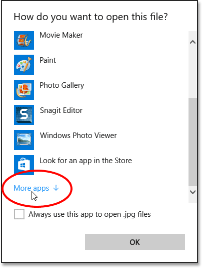 The 'How do you want to open this file?' box in Windows 10. Image © 2015. Photoshop Essentials.com