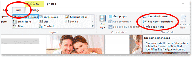 Selecting the File name extensions option under the View menu in Windows 10. Image © 2015 Photoshop Essentials.com