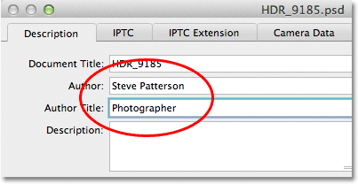 The Author and Author Title fields in the File Info dialog box. Image © 2012 Photoshop Essentials.com