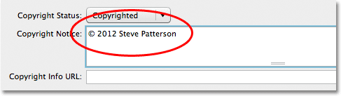 The Copyright Notice field in the File Info dialog box. Image © 2012 Photoshop Essentials.com