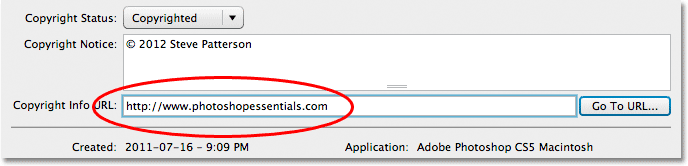 The Copyright Info URL field in the File Info dialog box. Image © 2012 Photoshop Essentials.com