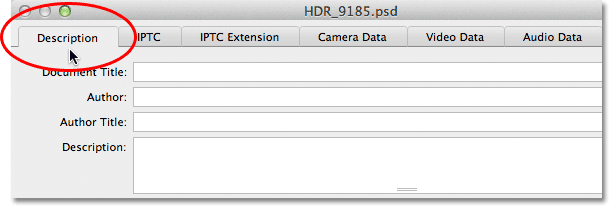 Clicking on the Description tab in the top left of the File Info dialog box. Image © 2012 Photoshop Essentials.com