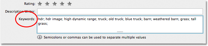 The Keywords field in the File Info dialog box. Image © 2012 Photoshop Essentials.com