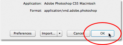 Clicking the OK button to close out of the File Info dialog box. Image © 2012 Photoshop Essentials.com