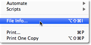 Selecting the File Info command in Photoshop. Image © 2012 Photoshop Essentials.com