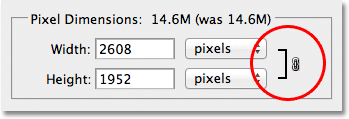 An icon tells us the Width and Height values of the photo are linked together. Image © 2012 Photoshop Essentials.com