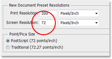 Nilai Resolusi Layar default pada Photoshop adalah 72 pixel per inci. Image © 2013 Photoshop Essentials.com