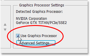 Opsi Gunakan Prosesor Grafis dalam preferensi Kinerja Photoshop. Image © 2013 Photoshop Essentials.com
