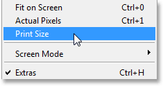 Memilih perintah Ukuran Cetak di Photoshop. Image © 2013 Photoshop Essentials.com