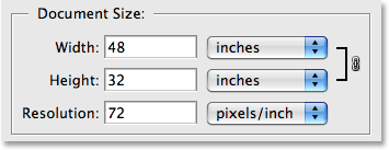 The Document Size section of Photoshop's Image Size dialog box.