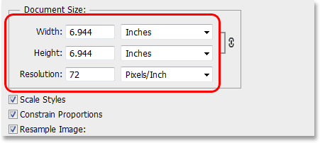 Bagian Ukuran Dokumen kotak dialog Image Size. Image © 2013 Photoshop Essentials.com