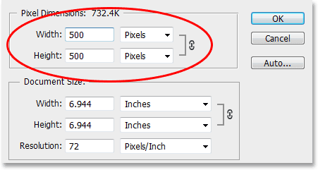 The Pixel Bagian Dimensi kotak dialog Image Size. Image © 2013 Photoshop Essentials.com