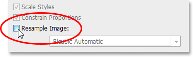 Centang pilihan Resample Gambar di kotak dialog Image Size. Image © 2013 Photoshop Essentials.com