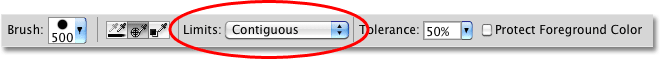 The Limits option for the Background Eraser in the Options Bar. Image © 2010 Photoshop Essentials.com