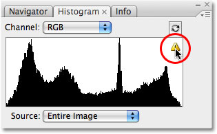 Нажмите на иконку предупреждения, чтобы обновить гистограмму. Image © 2009 Photoshop Essentials.com.