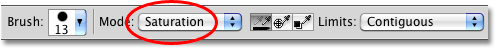 Mengubah modus campuran untuk Warna Penggantian Alat untuk Saturasi. Image © 2010 Photoshop Essentials.com
