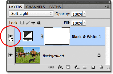 Mengklik ikon visibilitas lapisan untuk lapisan penyesuaian Black & White. Image © 2012 Photoshop Essentials.com