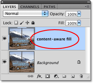 Переименование нового слоя "Content-Aware Fill '. Image © 2010 Photoshop Essentials.com