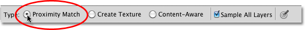 Selecting the Proximity Match option for the Spot Healing Brush in Photoshop CS5. Image © 2010 Steve Patterson, Photoshop Essentials.com