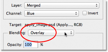 Changing the Blending option to Overlay in the Apply Image dialog box. Image © 2012 Photoshop Essentials.com