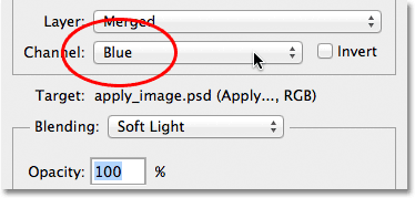 Changing the Channel option from Green to Blue in the Apply Image dialog box. Image © 2012 Photoshop Essentials.com