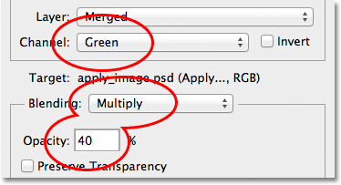 Mengatur Channel Green, Blending ke Multiply dan Opacity menjadi 40% pada kotak dialog Gambar Apply. Image © 2012 Photoshop Essentials.com