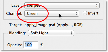 Changing the Channel option from Red to Green in the Apply Image dialog box. Image © 2012 Photoshop Essentials.com