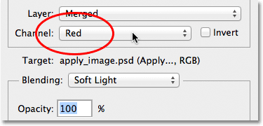 Changing the Channel option from RGB to Red in the Apply Image dialog box. Image © 2012 Photoshop Essentials.com