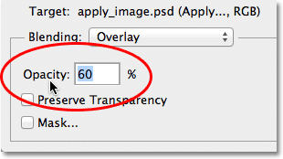 Lowering the Opacity value in the Apply Image dialog box. Image © 2012 Photoshop Essentials.com