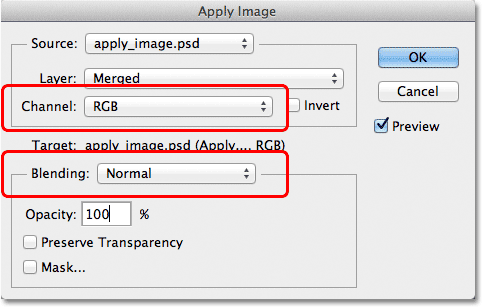 The Apply Image dialog box in Photoshop. Image © 2012 Photoshop Essentials.com