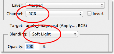 Changing the Blending option to Soft Light with Channel set to RGB. Image © 2012 Photoshop Essentials.com