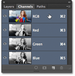 Selecting the composite RGB channel in the Channels panel. Image © 2012 Photoshop Essentials.com