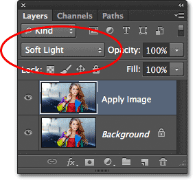 Changing the layer blend mode to Soft Light. Image © 2012 Photoshop Essentials.com