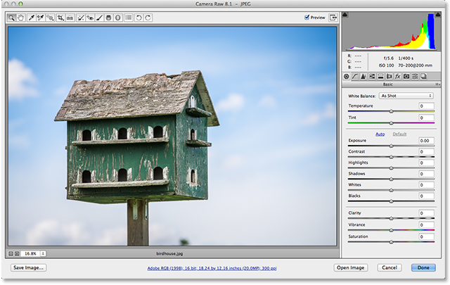 A JPEG file open in Adobe Camera Raw 8. Image © 2013 Steve Patterson, Photoshop Essentials.com