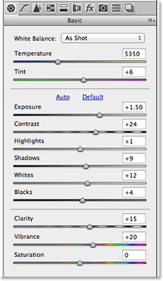 Панель Основы умолчанию в Camera Raw. Image © 2013 Photoshop Essentials.com