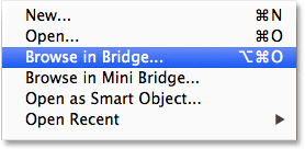 Choosing the Browse in Bridge command in Photoshop CS6. Image © 2013 Photoshop Essentials.com