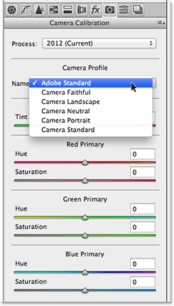 Kamera Kalibrasi panel di Camera Raw. Image © 2013 Photoshop Essentials.com