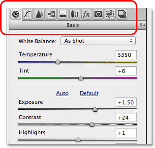 Панели и закладки панели в Camera Raw. Image © 2013 Photoshop Essentials.com