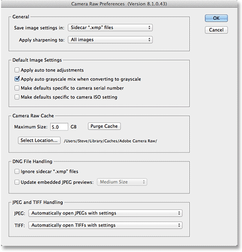 The Camera Raw Preferensi kotak dialog. Image © 2013 Photoshop Essentials.com