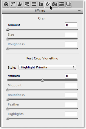 The Effects panel in Camera Raw. Image © 2013 Photoshop Essentials.com