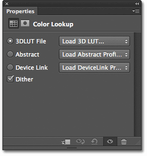 Pilihan untuk penyesuaian Lookup Color di panel Properties. Image © 2012 Photoshop Essentials.com