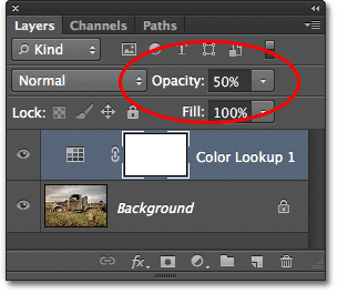 Menurunkan opacity dari lapisan penyesuaian Lookup Color. Image © 2012 Photoshop Essentials.com