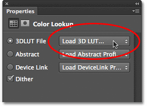 Membuka daftar preset 3DLUT. Image © 2012 Photoshop Essentials.com